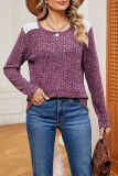 Plain Crew Neck Lace Patchwork Rib Long Sleeves Top