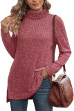 Plain Side Split Turtle Neck Long Sleeves Rib Top Boutique Wholesale