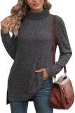 Plain Side Split Turtle Neck Long Sleeves Rib Top Boutique Wholesale