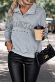 Letter Print Turndown Collar Grey Sweatshirt