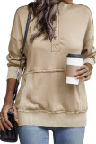 Khaki Ribbed Hem Snap Button Neckline Sweatshirt with Pocket