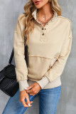 Khaki Ribbed Hem Snap Button Neckline Sweatshirt with Pocket