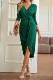 Plain V Neck Split Smocked Dress