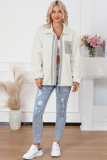 White Chest Pocket Full Zipper Fuzzy Fleece Jacket