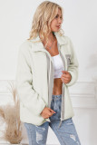 White Chest Pocket Full Zipper Fuzzy Fleece Jacket