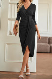 Plain V Neck Split Smocked Dress
