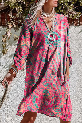 Rose Red Paisley Print Tab Sleeve Notched V-Neck Dress