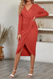 Plain V Neck Split Smocked Dress