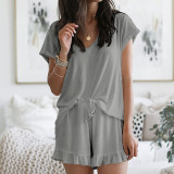 Plain V Neck Top With Frill Hem Shorts 2pcs Lounge Set