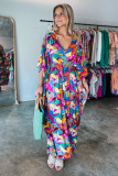 Multicolour Abstract Print High Waist V Neck Maxi Dress