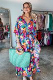 Multicolour Abstract Print High Waist V Neck Maxi Dress
