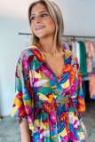 Multicolour Abstract Print High Waist V Neck Maxi Dress