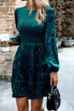 Green Velvet Smocked Puff Sleeve Ruffle Mini Dress