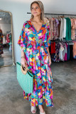 Multicolour Abstract Print High Waist V Neck Maxi Dress