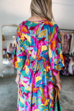 Multicolour Abstract Print High Waist V Neck Maxi Dress