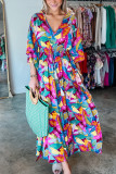 Multicolour Abstract Print High Waist V Neck Maxi Dress