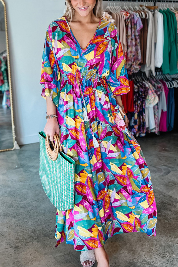 Multicolour Abstract Print High Waist V Neck Maxi Dress