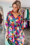 Multicolour Abstract Print High Waist V Neck Maxi Dress