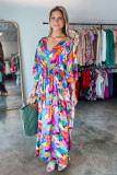 Multicolour Abstract Print High Waist V Neck Maxi Dress