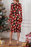 Wrap V Neck Christmas Printed Side Rushed Dress