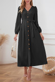Plain V Neck Button Puff Maxi Dress With Sash