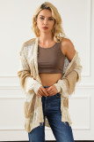 Khaki Two-tone Stripes Frayed Trim Lightweight Cardigan