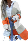 Orange Striped Color Block Drop Shoulder Midi Cardigan