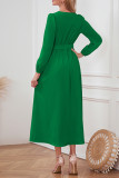 Plain V Neck Button Puff Maxi Dress With Sash