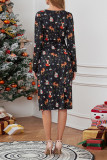 Wrap V Neck Christmas Printed Side Rushed Dress