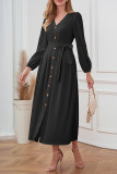 Plain V Neck Button Puff Maxi Dress With Sash