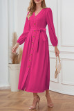 Plain V Neck Button Puff Maxi Dress With Sash