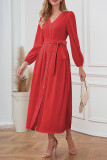 Plain V Neck Button Puff Maxi Dress With Sash