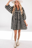 Black Plaid Print Notched Neck Puff Sleeve Babydoll Dress