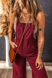 Red Solid Color Corduroy Wide Leg Bib Overalls