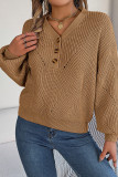 Plain V Neck Buttoned Knit Sweater