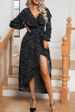 Black Spot Print Ruffles V Neck Maxi Dress