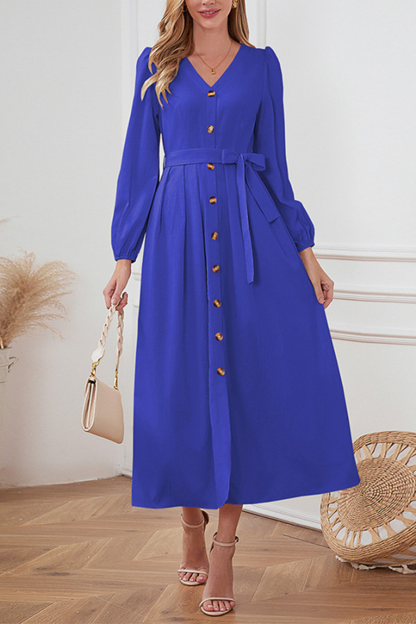 Plain V Neck Button Puff Maxi Dress With Sash