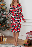Wrap V Neck Christmas Printed Side Rushed Dress