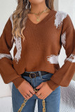 V Neck Contrast Color Knit Sweater