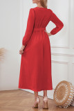 Plain V Neck Button Puff Maxi Dress With Sash