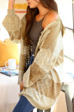 Khaki Two-tone Stripes Frayed Trim Lightweight Cardigan