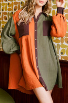 Brown Oversized Colorblock Crinkle Textured Shirt Dress