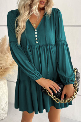 Verdant Lace Puff Sleeve Buttoned Tiered Ruffled Mini Dress