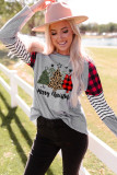 Gray Christmas Graphic Plaid Striped Contrast Sweatshirt