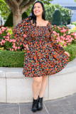 Multicolor Plus Size Smocked Long Sleeve Floral Dress