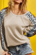 Beige Waffle Leopard Print Colorblock Puff Sleeve Top