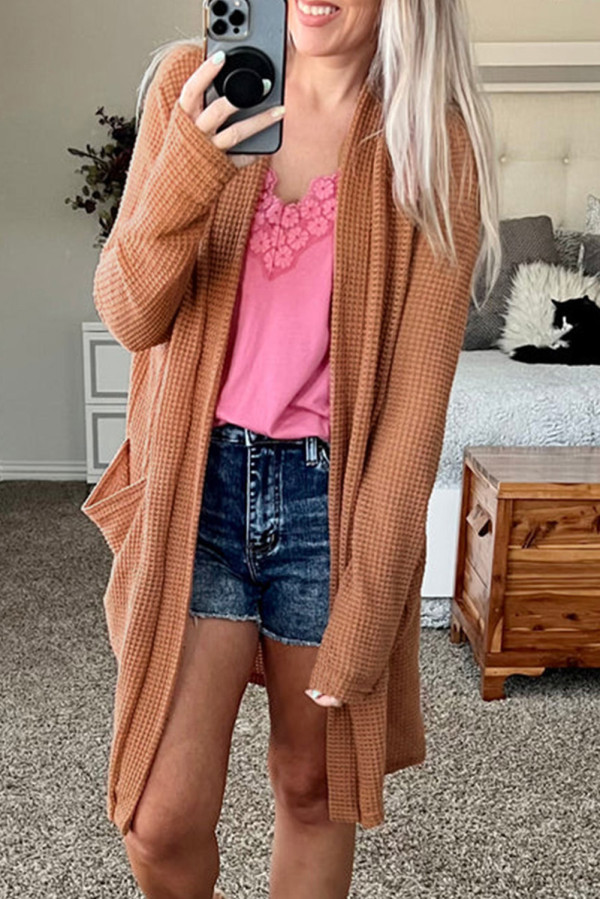 Brown Waffled Knit Thumb Sleeve Pocketed Cardigan