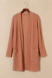 Brown Waffled Knit Thumb Sleeve Pocketed Cardigan
