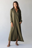 Green Crinkle Button Up Casual Split Shirt Maxi Dress