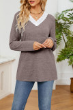 V Neck Lace Edge Plain Long Sleeves Top Boutique Wholesale